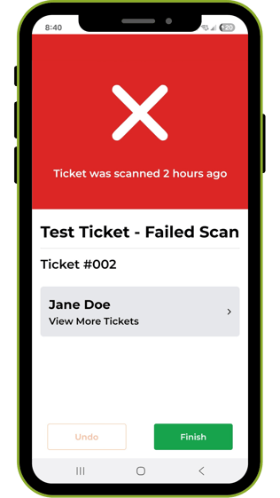 Failed Ticket Scan result screen in the FrontDoor+ Guest Check-In app