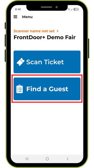 FrontDoor+ Scanner App Main Menu with the Find A Guest highlighted